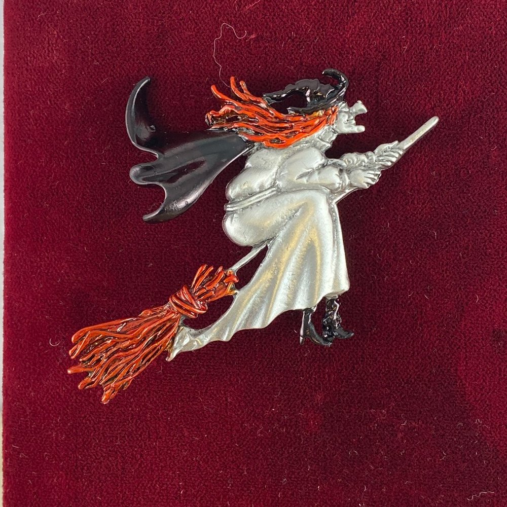 Vintage JJ Jonette Jewelry Silver Pewter Hand Painted Color 'HALLOWEEN Witch"